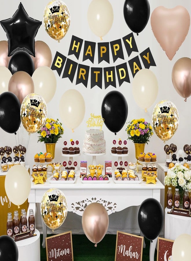 Vibzox Black Gold Birthday Decorations for Women Men,Party Decorations Sand White Champagne Gold Balloon Heart Star Foil Balloons Happy Birthday Banner Boho Birthday Party Decor - Image 3